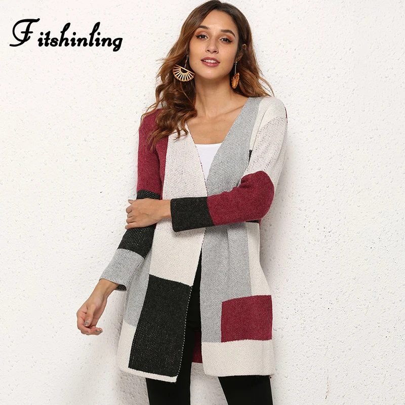 Fitshinling 2020 Fashion Cardigan Knitted Jacket Winter Outerwear Boho Block Patchwork Slim Sweaters Cardigans Women Long Coat |