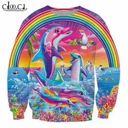 Красочный Радужный с дельфинами Новый Модный свитшот с 3D принтом длинный рукав повседневный Уличная пуловер с рисунком животного Топы B26