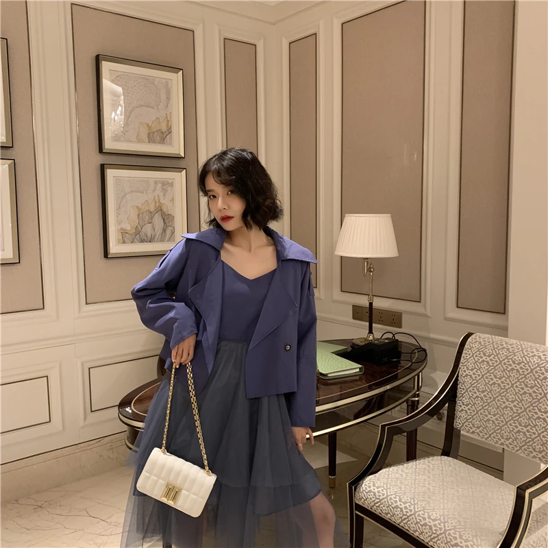 Для фотосессии, чистая цена~ Южная Корея, шикарная Ранняя осень, Женская ветровка, обрезанная куртка, Марлевое соединение, платье на бретелях, два предмета, Se