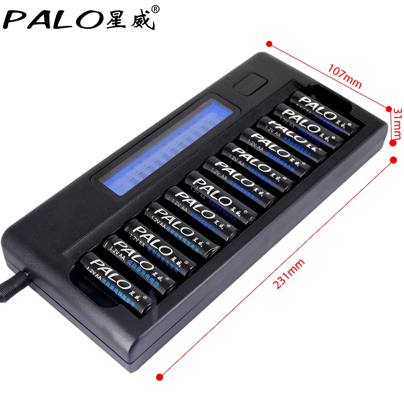 Быстрое Смарт 12 слотов нового типа зарядное устройство PALO NIMH NICD AA/AAA Smart lcd зарядное устройство для 1-12 AA или AAA NiMH NICD батарей