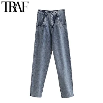 

TRAF Women Vintage Stylish Washed Effect High Waisted Jeans Fashion Zipper Fly Pockets Female Denim Pants Casual Ankle Trousers