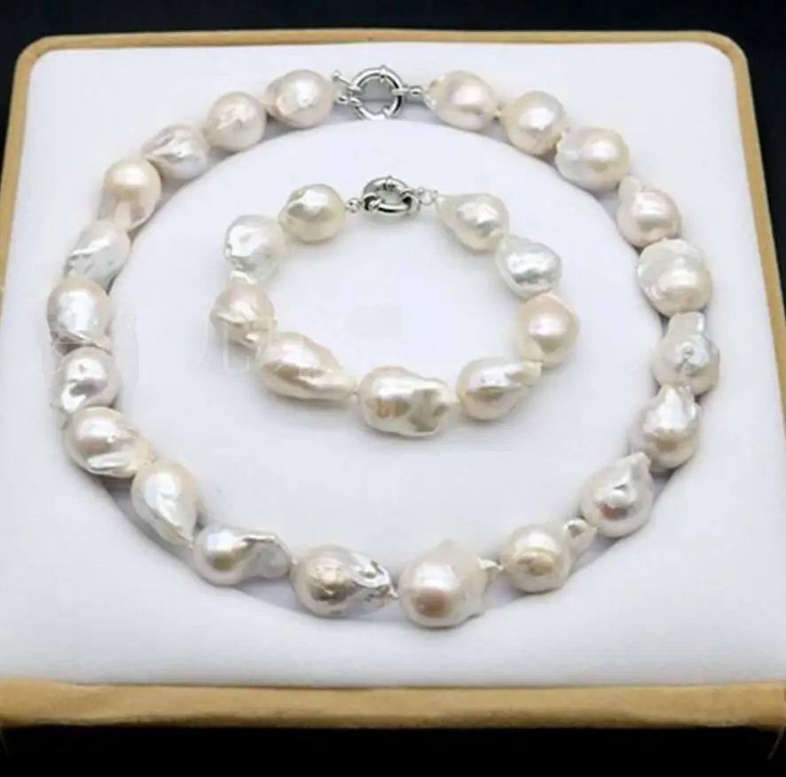 

Горячая Распродажа, новый набор из 12-15 мм белого барочного жемчуга, ожерелье 18 дюймов, браслет 7,5-8 дюймов