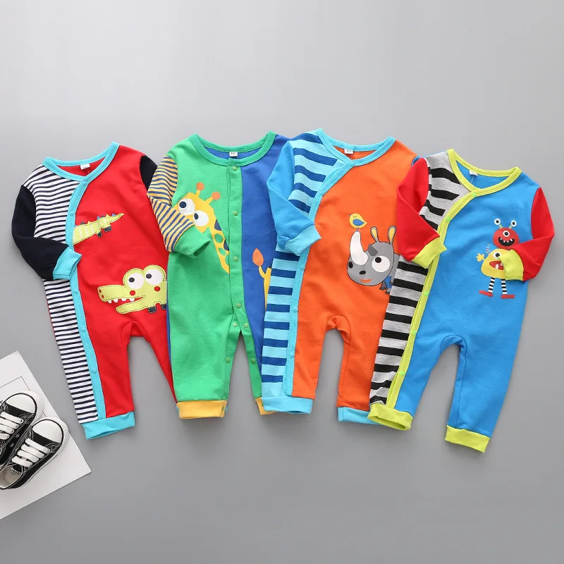 

Newborn Infants Nursing Crawling Clothes Cartoon Stripes Buckle Cotton Spring, Autumn And Winter Lettered Romper One-piece zhang