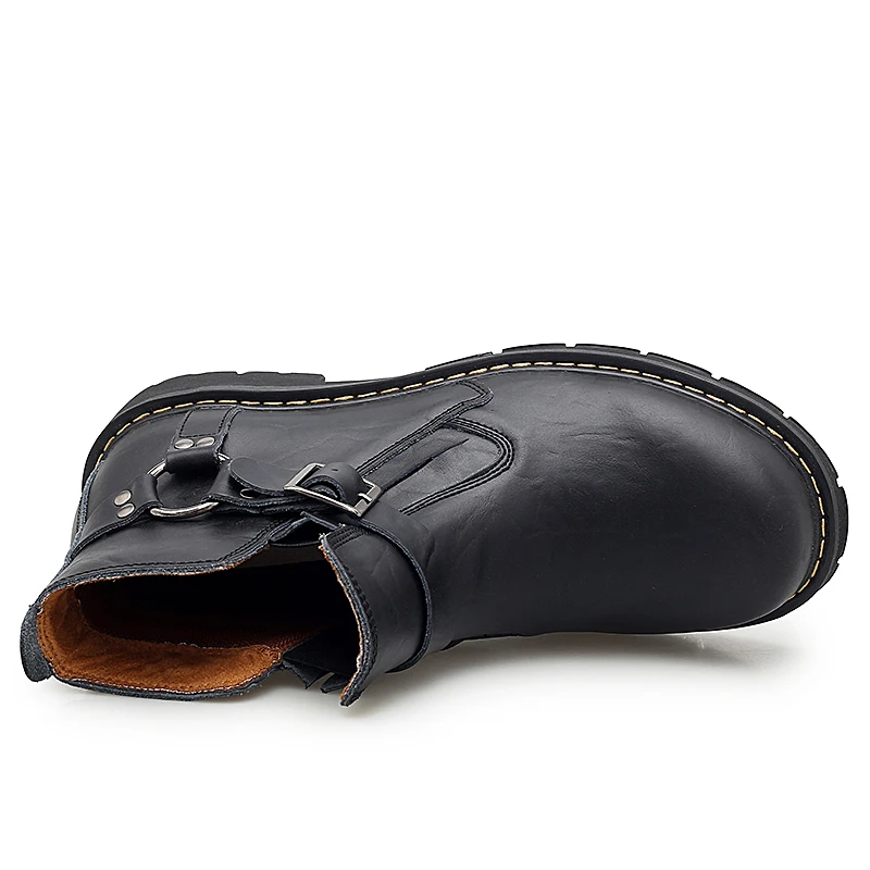 Мужские черные ботинки на шнуровке мужские мотоциклетные ботильоны из натуральной кожи, Мужская Рабочая безопасная обувь коричневый цвет, с пряжкой, высокое качество, 39-46