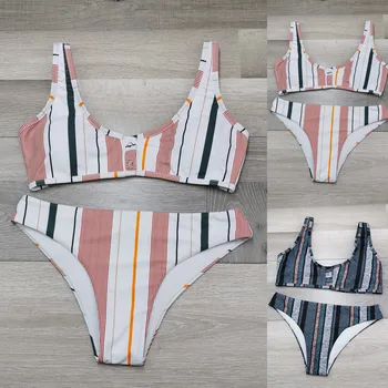 

WOMAIL Women Vertical Stripe Front Buttoned Triangle Set Sexy Lingerie Europe And America Style Sexy Split Bathing Suit 19Dec06