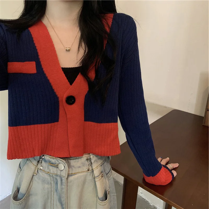 Retro Contrast Color Knitted Cardigan Sweater Mori Style Coat Short Top with High-waisted Trousers Autumn Clothes 2021new Rac |