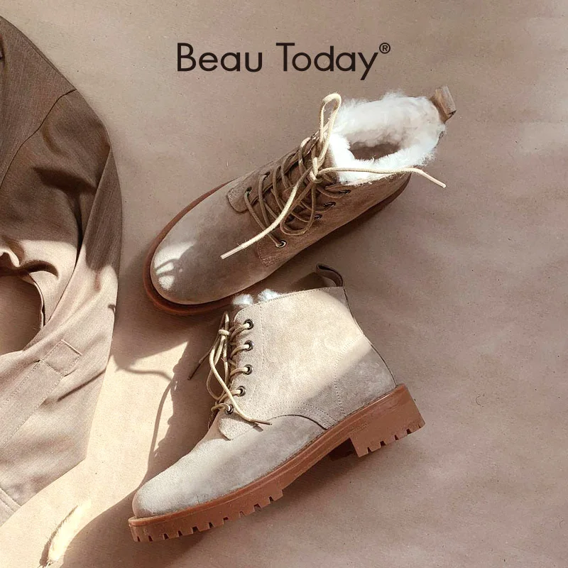 Shoes Platform Snow-Boots Lace-Up Beautoday Genuine-Leather Women Round-Toe Winter Ladies