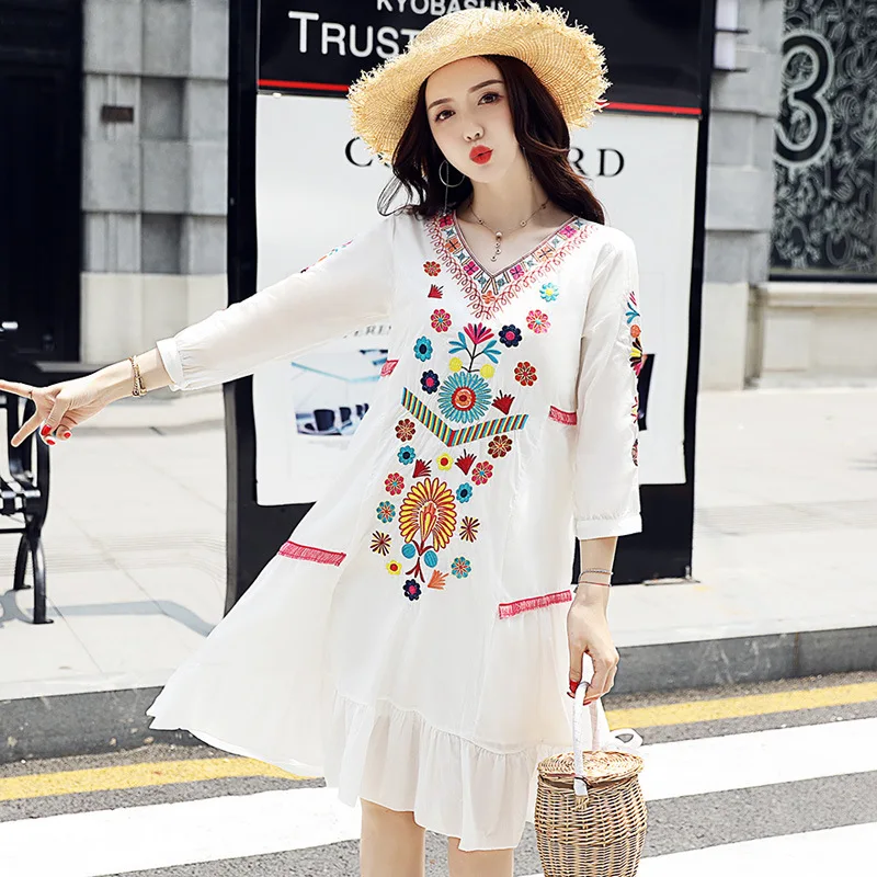 

2019 Summer New Style Korean-style Loose And Plus-sized Women's Vintage Embroidered Ethnic-Style Mid-length Dress