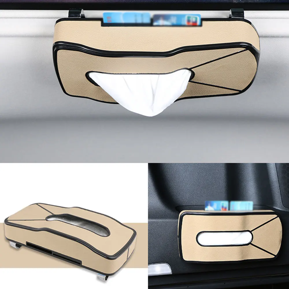

PU Leather Car Tissue Box Sun Visor Hanging Tissue Boxes Car Seat Back Napkin Holder with Card Slots Auto Interior Accessories O