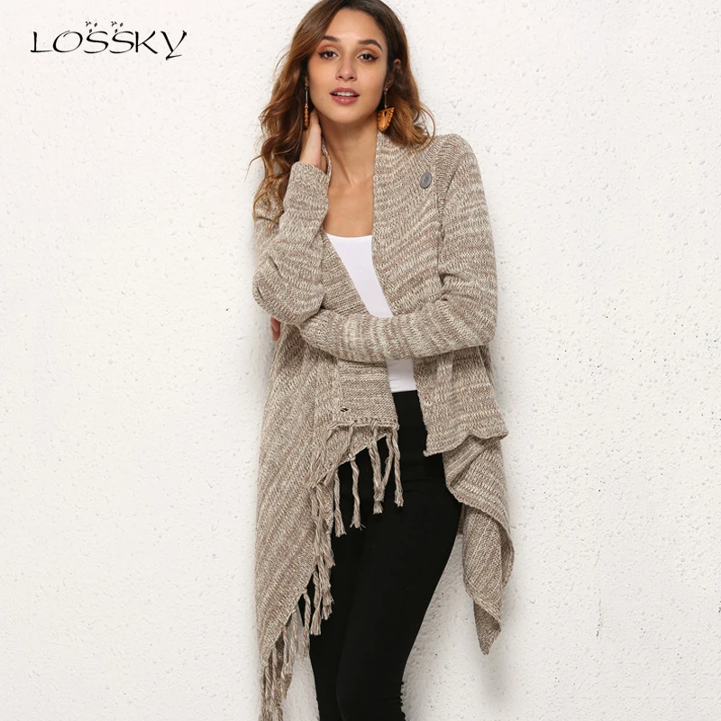 

Lossky Sweaters Top Women Autumn Winter Long Sleeve Knitwear Tassel Shawl Coats Black Ladies Loose Long Cardigan Jackets 2019