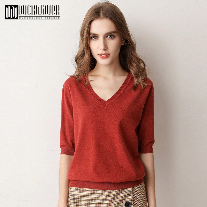 Duckwaver V-neck knitted Tops women sweater Spring and autumn loose wild Short sleeve Slim Pullover | Женская одежда