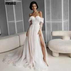 Fivsole 2022 Fashion Tulle Long Sleeves Beach Wedding Dresses A Line Sweetheart Pleated Princess Sparkly Bridal Gowns Dress