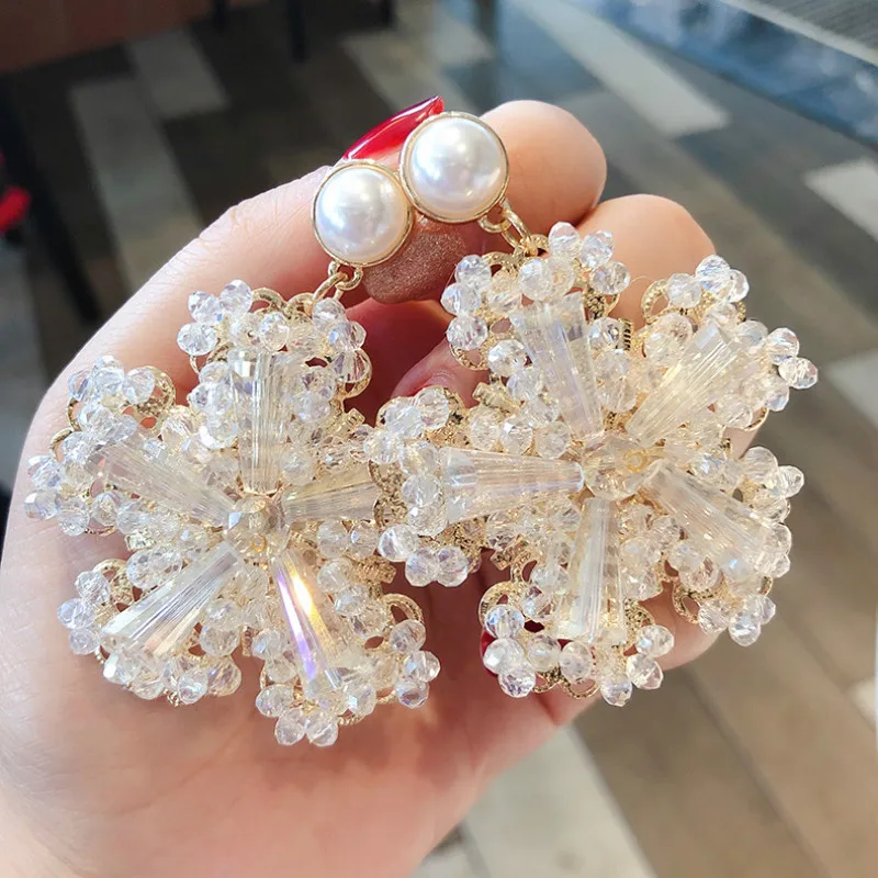 

Vintage Crystal Geometric Women Dangle Earrings Exaggerated Pearl Crystal Snowflake Earrings Drop Earrings Jewelry Earrings
