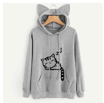 

Ladies Autumn and Spring Cartoon Cat Hooded Woman Sweatshirt Casual Loose Pullover Long Sleeve Basic Female Sweatshirt