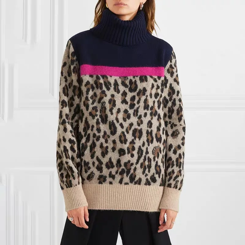 fall and winter high neck leopard patchwork women loose sweater