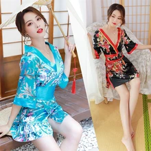 Сексуальное японское кимоно для женщин с глубоким v-образным вырезом Haori Yukata Домашняя одежда нижнее белье для девочек Шелковая гладкая ночная рубашка халат