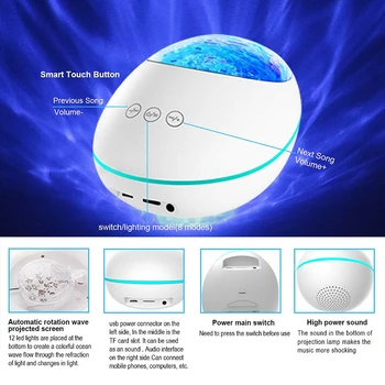

Lucky Stone Ocean Wave Projector Night Light Lamp Bluetooth Music Player Remote Control Water Wave Color Led Projector