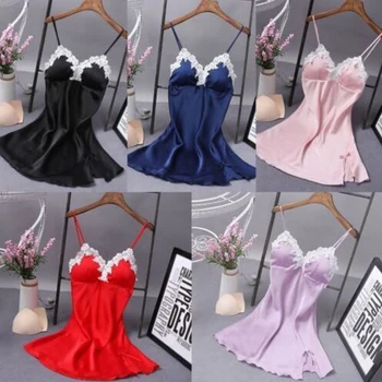 

Feamale Nighties Night Sleep Dress Summer Sexy Nightgowns Sleepwear Satin Nightgown Female Home Dress Sleepwear 2020