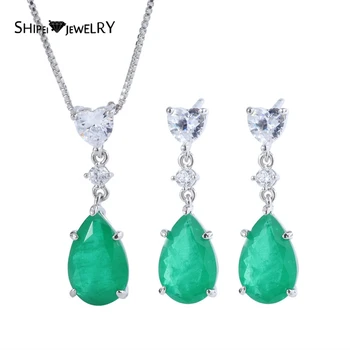 

Shipei 100% 925 Sterling Silver Water Drop Emerald Gemstone Vintage Earrings/Pendant/Necklace Wedding Engagement Jewelry Sets