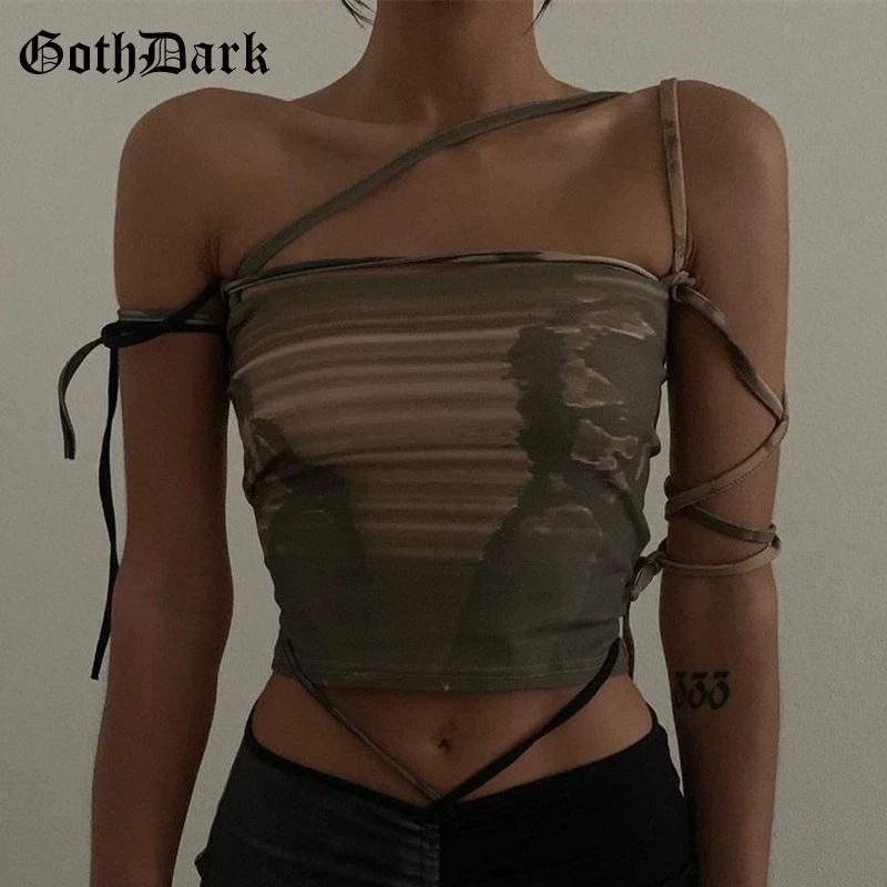 Goth Dark Punk Gothic Camis Grunge Lace Up Off Shoulder Women Crop Tops Hip Hop Bodycon Sleeveless Vintage Print 90s Streetwear red cami