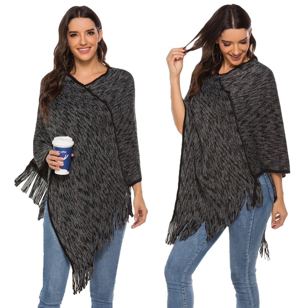 Fashion Women Spring Autumn Knitted Sweater Poncho Coat Solid Color Pullover Jumper Irregular Tassel Hem Cape Cloak Pull Femme |