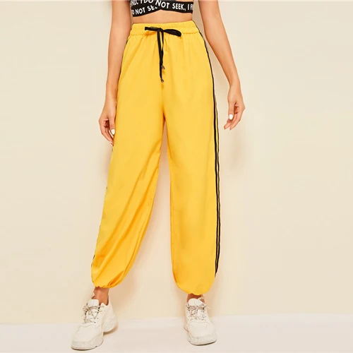 Romwe спортивные желтые брюки-смокинги с полосками сбоку; женские брюки с завязками на талии; тренировочные брюки с высокой талией; брюки для тренировки моркови - Цвет: Цвет: желтый