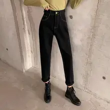 Зимние теплые женские джинсы, черные, синие джинсовые штаны, классический дизайн, женские свободные джинсовые штаны