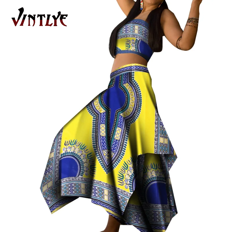 2 Piece Set African Clothes For Women Print Crop Top And Skirt Set Dashiki Women Outfit Kente Style Nigerian Clothes Wy7471