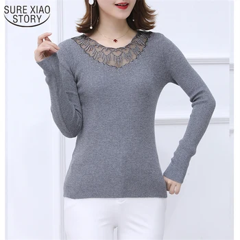 

Autumn Winter Women Sweater Loose Knit Sweater Long Sleeve Basic Lace Pullover O-neck Hollow All-match Fashion Clothing 10976