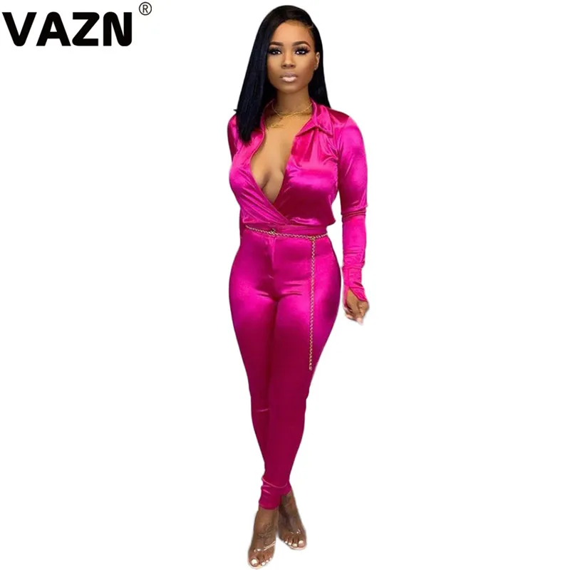 rose VAZN MOY5136 Bright Rose Red Solid Bodycon Long Pants Sexy Women Jumpsuits Tide V- Neck Long Sleeve Tracksuits Long Romper - Цвет: rose