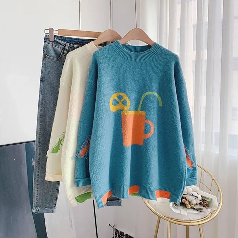 Korean Style Women's Autumn Spring Sweaters Loose Printing Knitted Jumpers Female o Neck Oversized Casual Pullovers Ladies Tops | Женская