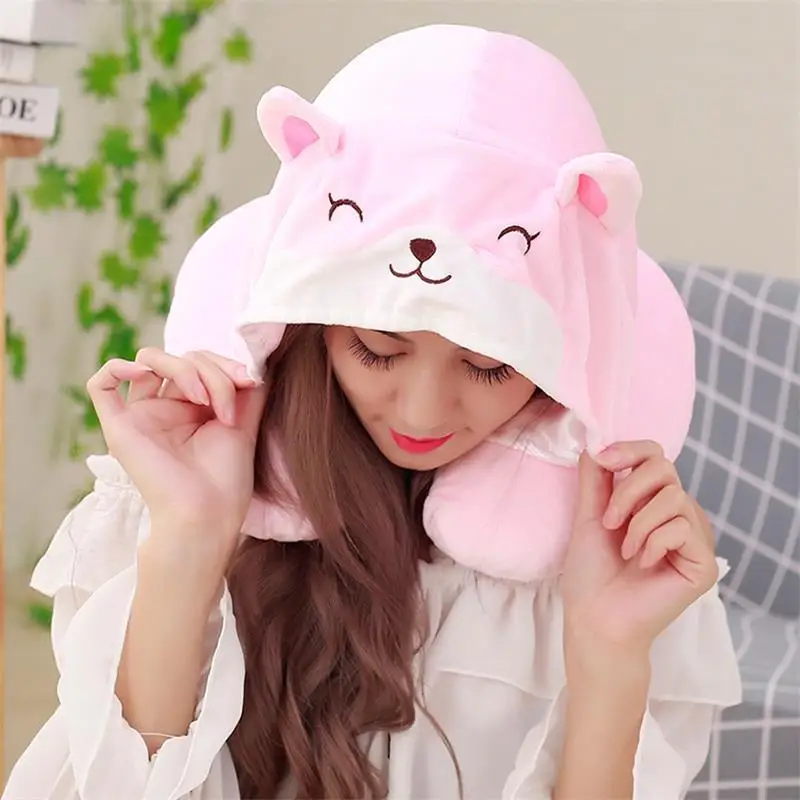 Creative Cartoon Cute Washable Two Stay Expression Plush Hooded U-SHAPE Pillow Gift Airplane Neck Pillow