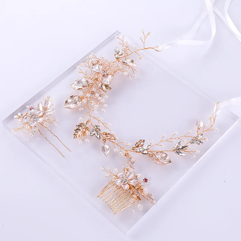 Mission Ming Headdress Europe And America Hot Sales Leaves Hair Band Hand-woven Pearl Headdress Wedding Accessories Bride Access