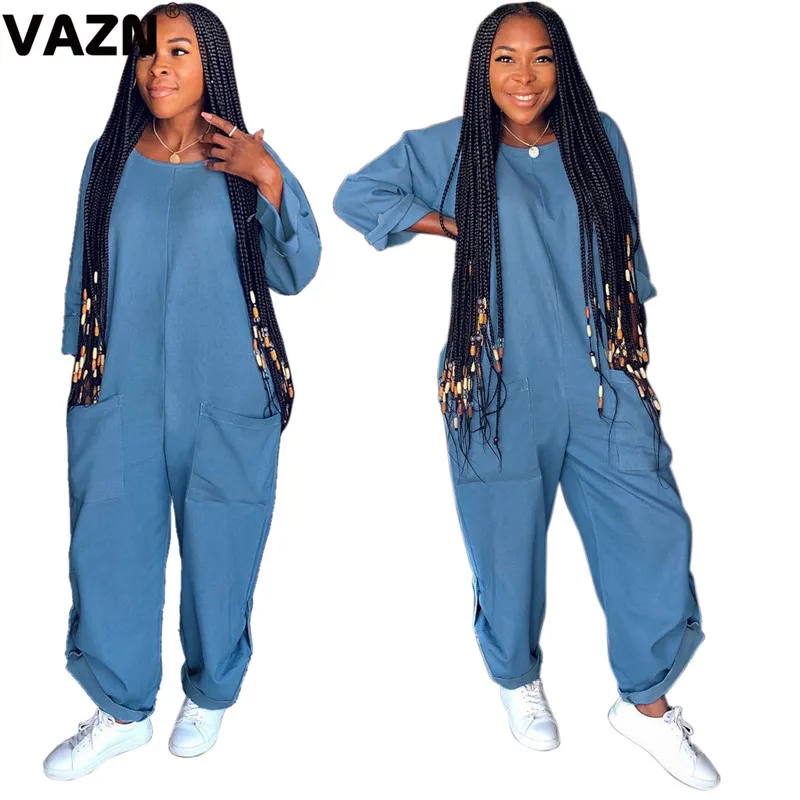 VAZN SMR9398 с круглым вырезом Новые однотонные синие хип Hop2019 спортивные костюмы комбинезоны с длинным рукавом облегающие длинные рукава женские повязки Длинные Комбинезоны