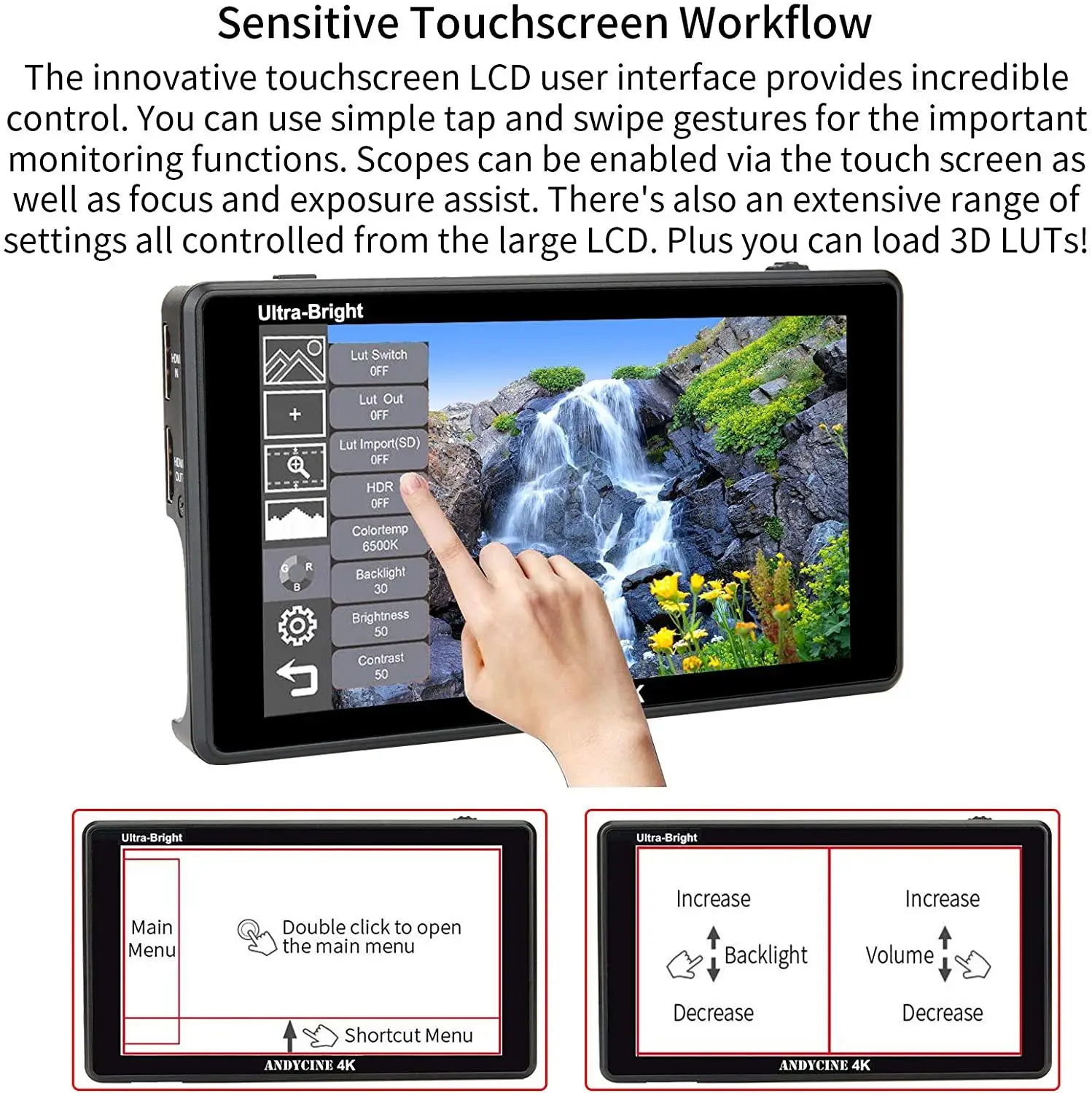 ANDYCINE C6/C6S 6 Inch 2600nits Camera Field Monitor HDR/3D LUT 4K HDMI SDI Touchscreen with Waveform VectorScope Histogram