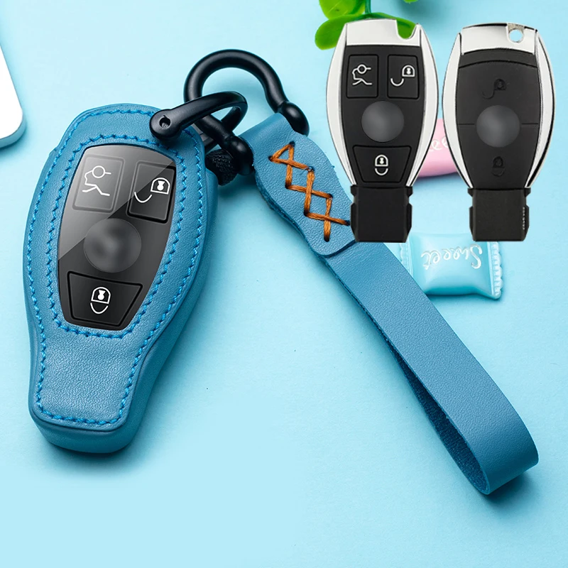 A - Blue Кожаный чехол для ключей автомобиля, чехол для ключей Mercedes Benz CLS CLA GL R SLK AMG A B C S Class, аксессуары для пульта дистанционного управления - Название цвета: A - Blue