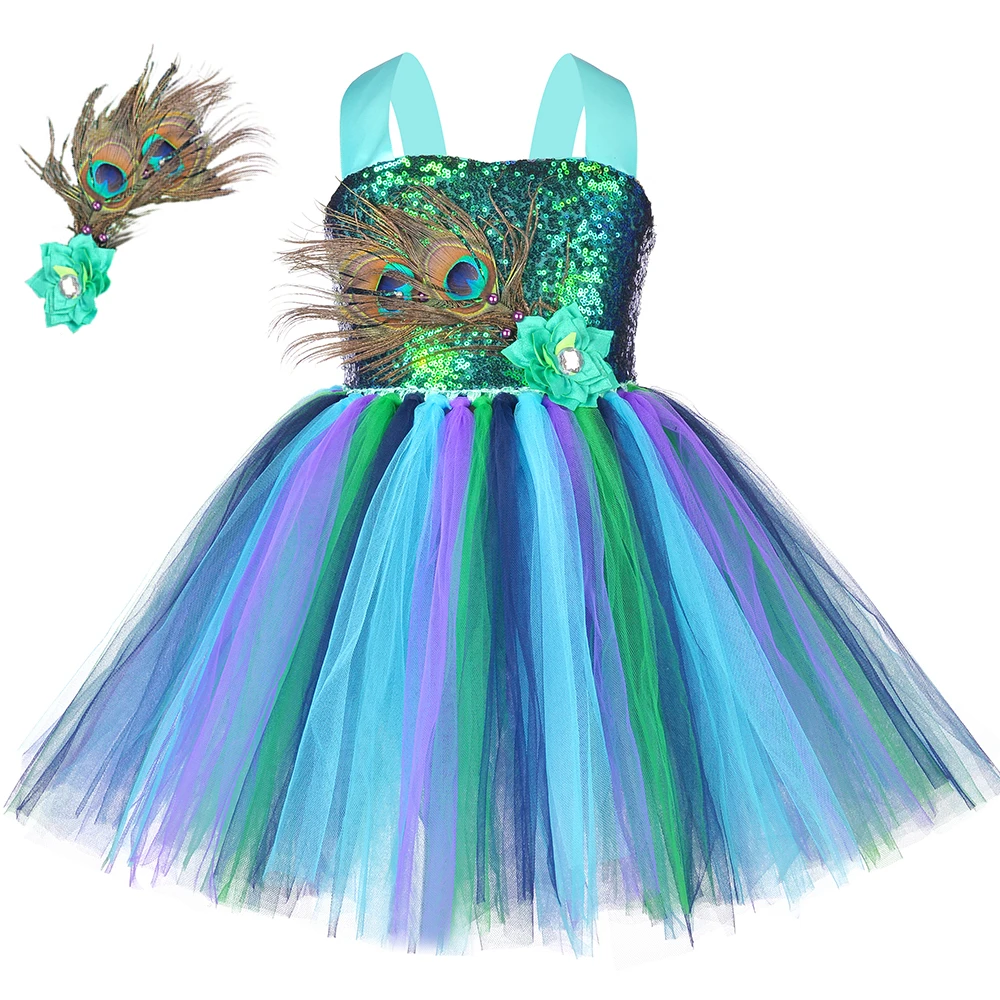 Flower Feathers Girls Peacock Tutu Dress Kids Tulle Princess Peacock