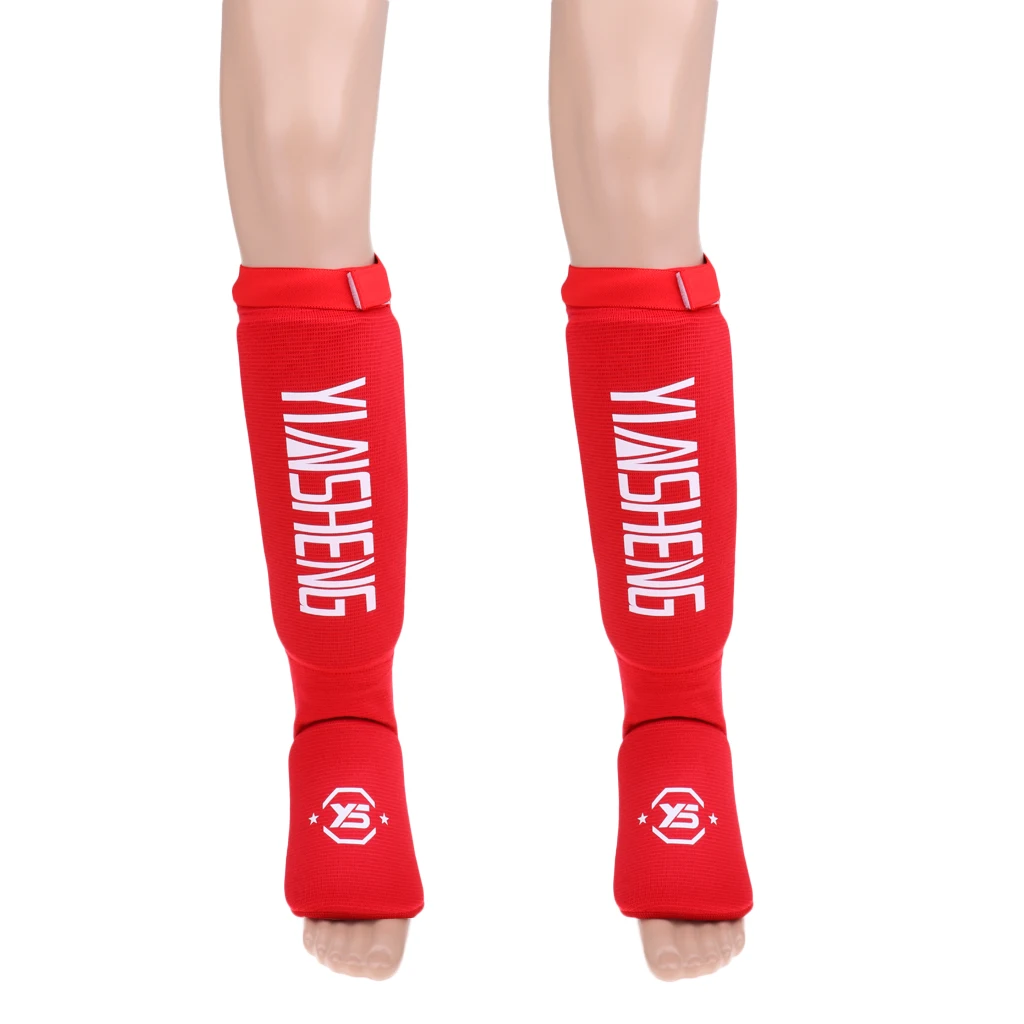 Red-L 47CM 1 Pair Shin Instep Pads MMA Leg Foot Guards Muay Thai Kick Boxing Guard Protector Shin and Instep Guards - Цвет: Red-L 47CM