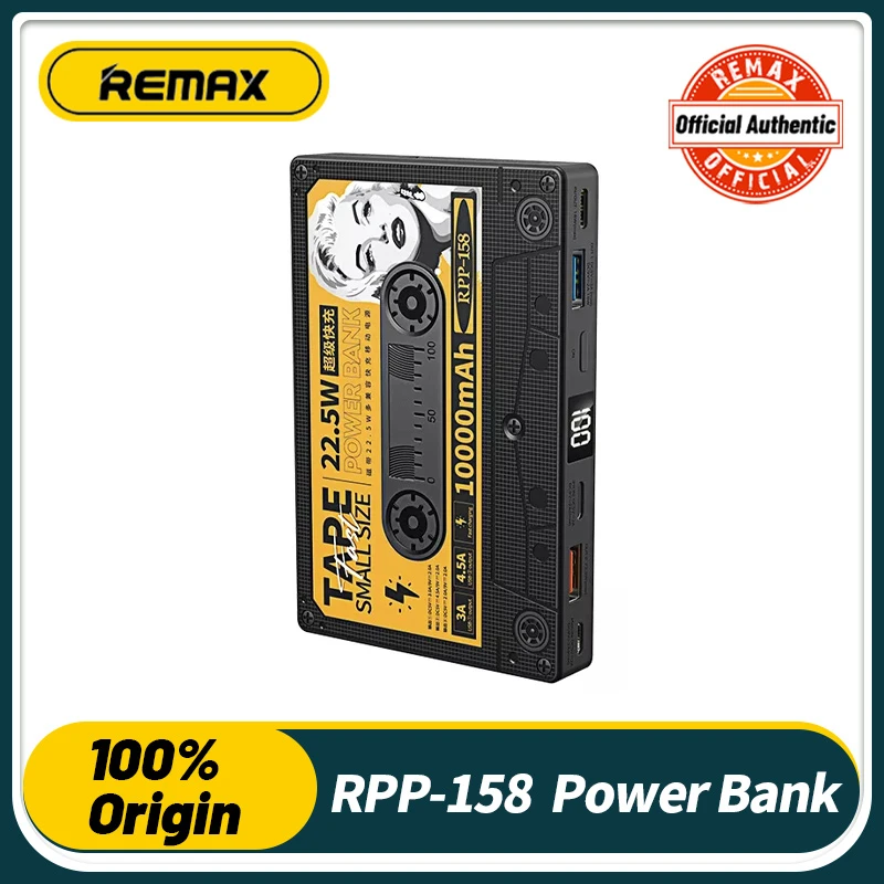 Remax Power Bank RPP-158 22.5W 10000mAh Fast Charge Lithium Polymer Batteries Portable Mobile Battery Retro Tape Appearance powerbank 30000