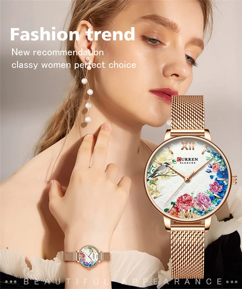 CURREN женские часы Топ бренд класса люкс золотые женские водонепроницаемые часы сетка браслет из нержавеющей стали цветок женские наручные часы 9059