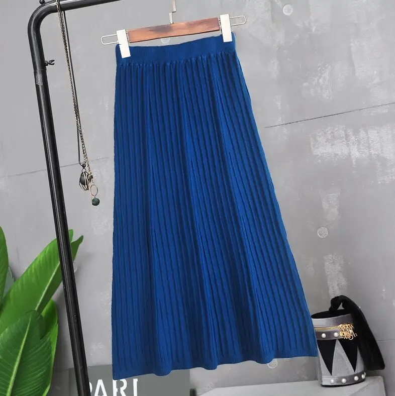 Элегантная трикотажная плиссированная Женская юбка Весна Осень Корейская Повседневная трапециевидная юбка с высокой талией Высококачественная длинная юбка черная Saia - Цвет: blue