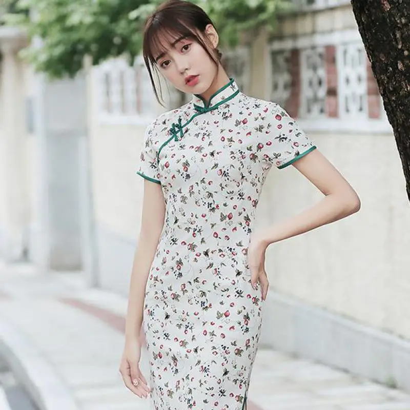

2019 Spring And Summer New Elegent Women Short Sleeve Dresess Stretch Cotton And Linen Long Young Girl Dress Retro Cheongsam