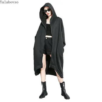 

winter new Zip Hooded Fleece windbreaker dark color irregular Long coat with hat and zipper womens trench coats Hip Hop Z3
