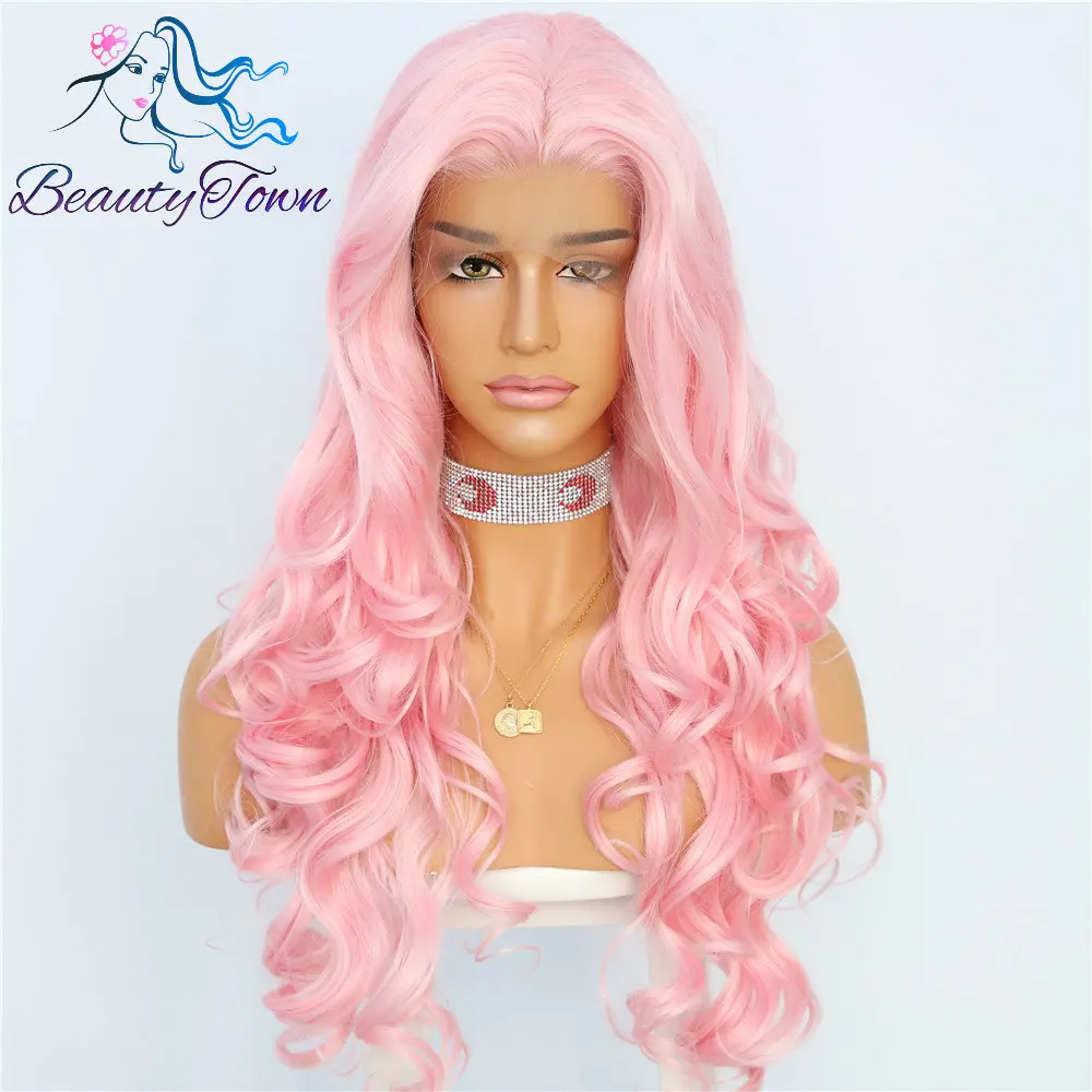 Pink BeautyTown ручная вязка бежевый белый цвет высокотемпературные волоконные волосы длинные волнистые, устойчивые к нагреву бесклеевые синтетические волосы парик - Цвет: Pink