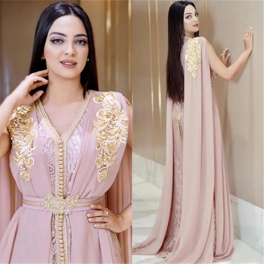 Luxury Beaded Long Muslim Celebrity Prom Dresses Dubai Moroccan Kaftan Chiffon V Neck Sleeveless Formal Occasion Dresses