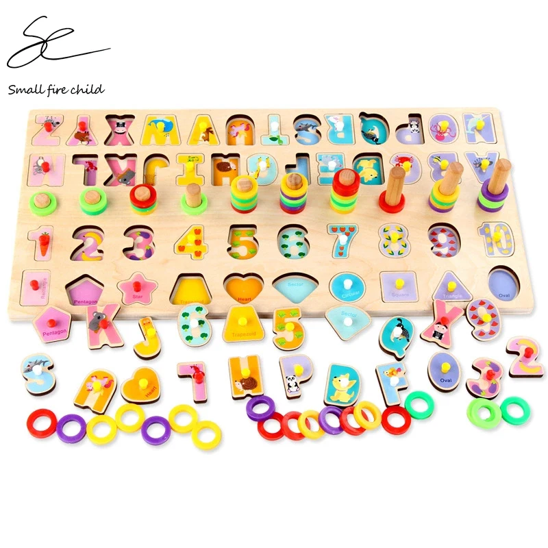 Baby Wood Montessori Count Numbers Geometry Matching Early Educational Toys