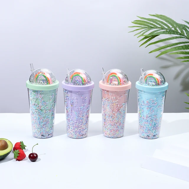 550ml Rainbow Plastic Water Bottle Double Layer Sequins Drinking Cu