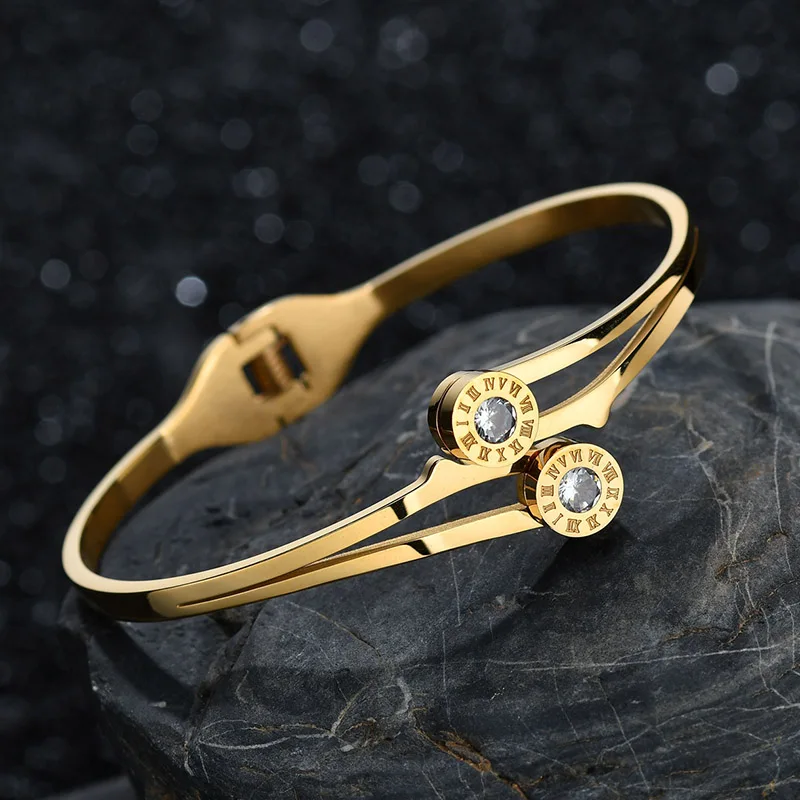 Gold Letdiffery Сменные кубические циркония Ruman цифры Женские Браслеты розовое золото из нержавеющей стали роскошные свадебные украшения - Окраска металла: Gold