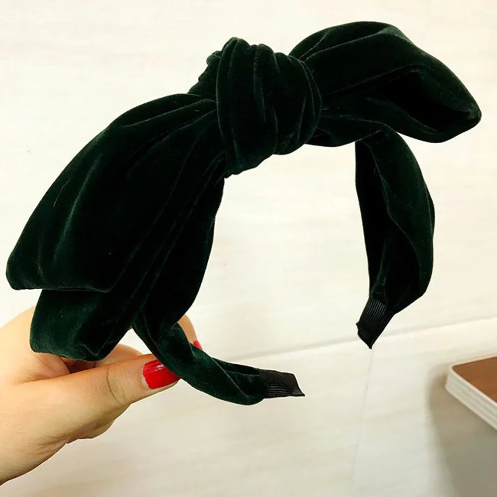 Women Hairbands Fashion Elegant Retro Headwear Accessories Vintage Velvet Hair Hoop Big Bow Headband Thick Solid Color Hair Band - Цвет: Зеленый