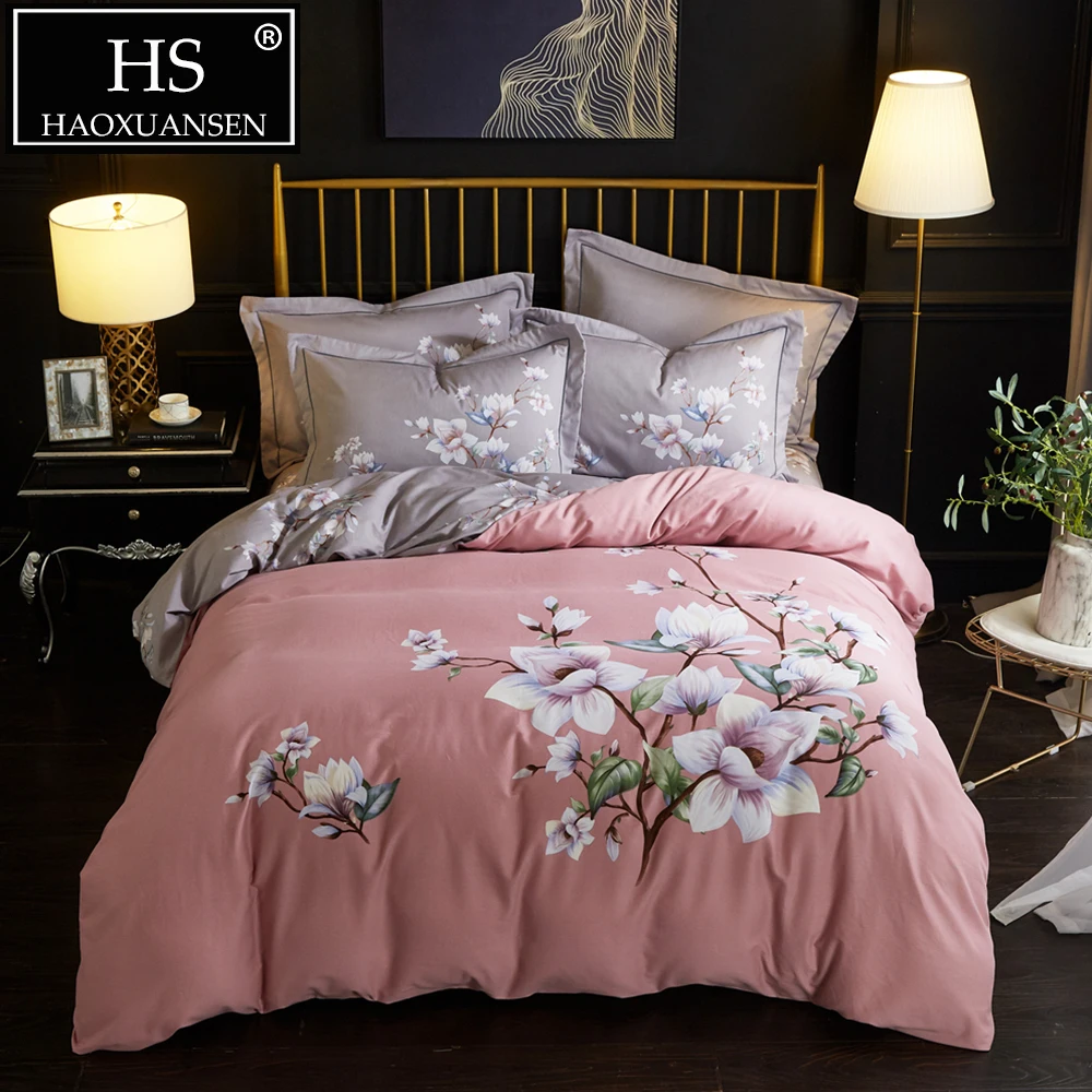 

White Floral Pattern Sanding Cotton Bedding set Pink Grey 4 Pieces Soft Warm Duvet Cover blossom for Winter Queen King Size